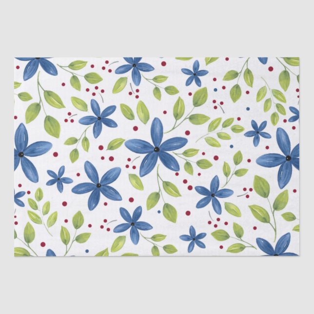 Papier Mousseline Indigo Waterolor Floral Bouquet Motif (Recto)