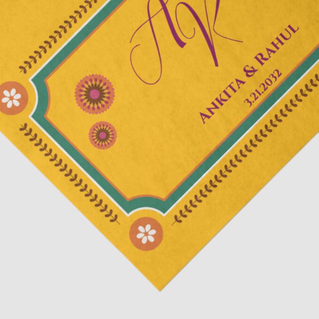 Papier Mousseline Initiales de monogramme floral jaune Mariage indie (Détail)