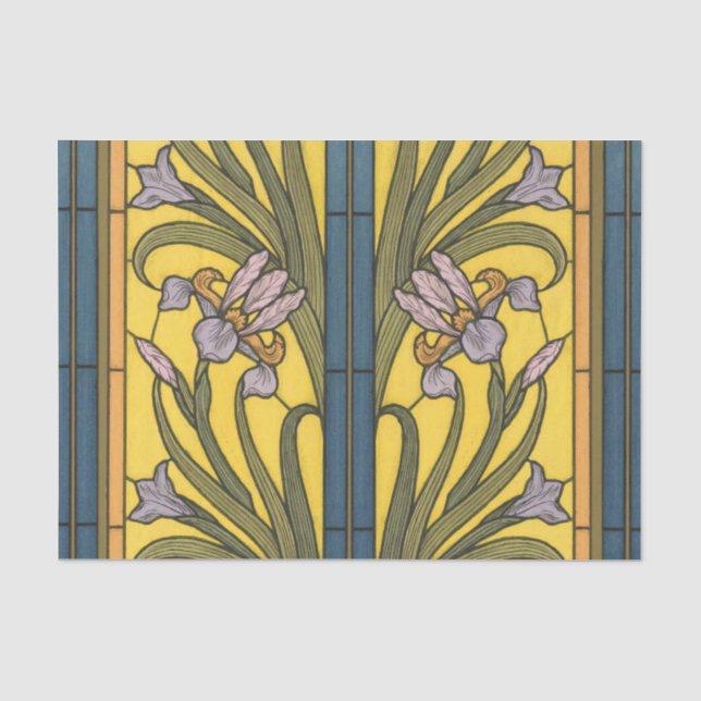 Papier Mousseline Iris Fleur Art Nouveau Vitrail Bleu Or (Recto)
