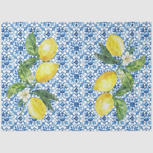 Papier Mousseline Italian Lemons Blue White Tile Decoupage  (Recto)