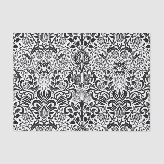 Papier Mousseline Jacobean Floral Damask, noir, blanc et gris (Recto)