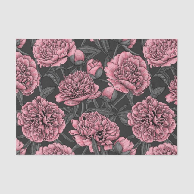 Papier Mousseline Jardin de pivoine nocturne rose et gris (Recto)