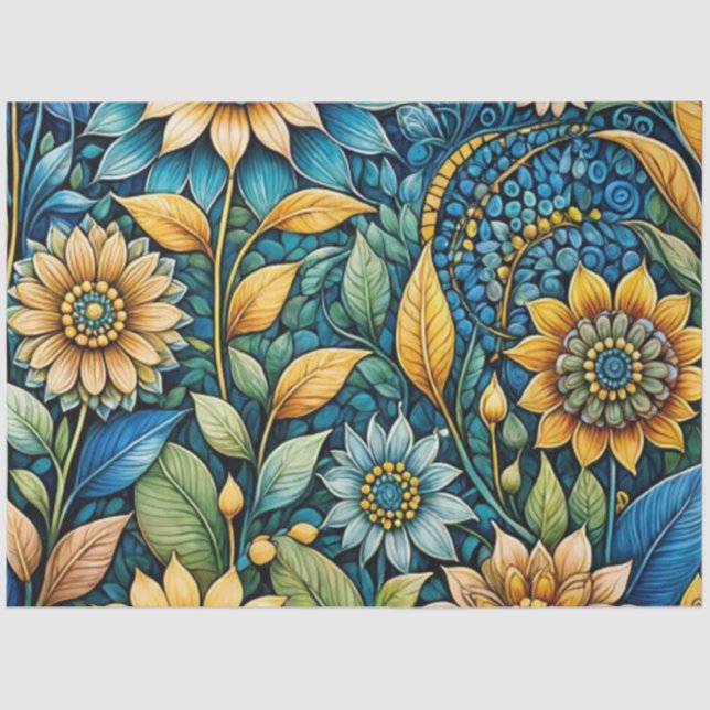 Papier Mousseline Jardin de tournesol Bleu mignon Découpage Art Abst (Recto)