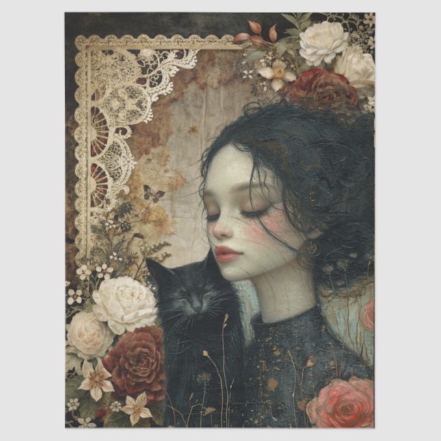 Papier Mousseline Jardin floral de chatte noire et fille unique (Recto)