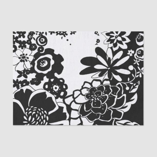 Papier Mousseline Jardin floral noir et blanc Motif graphique (Recto)
