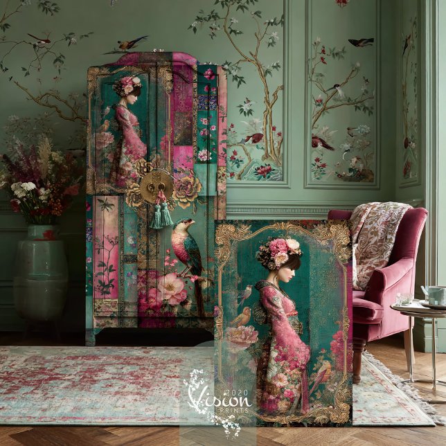 Papier Mousseline Jardin oriental, Art de collage de portrait (Oriental Garden, Asian Beauty, Chinoiserie Patchwork Collage Decoupage Tissue.)