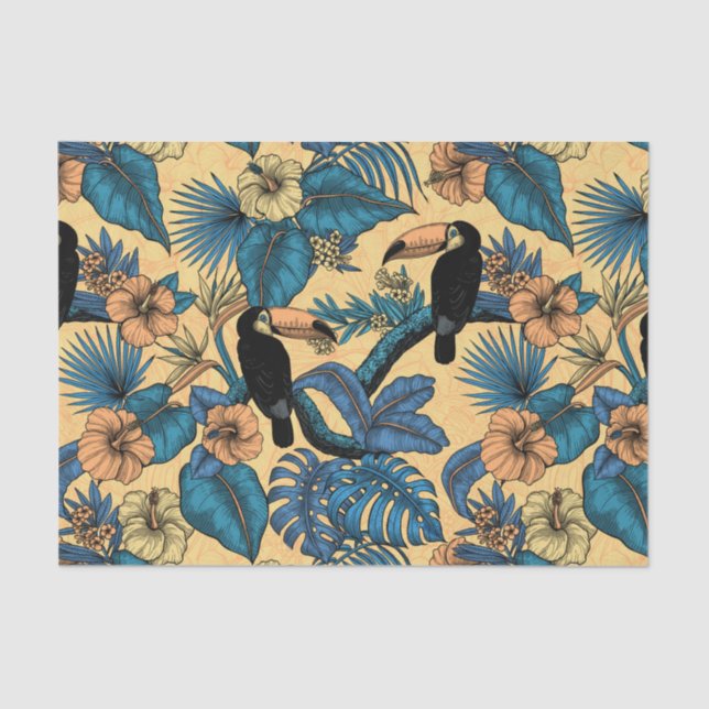 Papier Mousseline Jardin toucan en jaune et bleu (Recto)