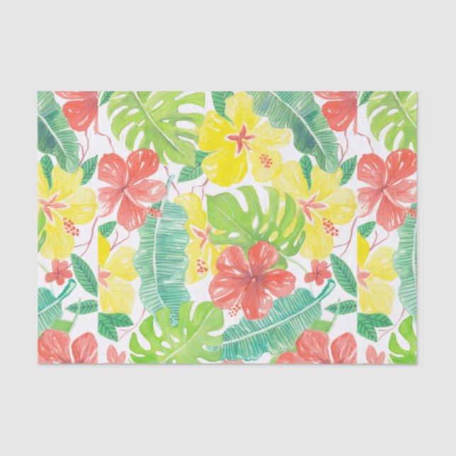 Papier Mousseline Jardin tropical, plumeria hibiscus et feuilles de  (Recto)