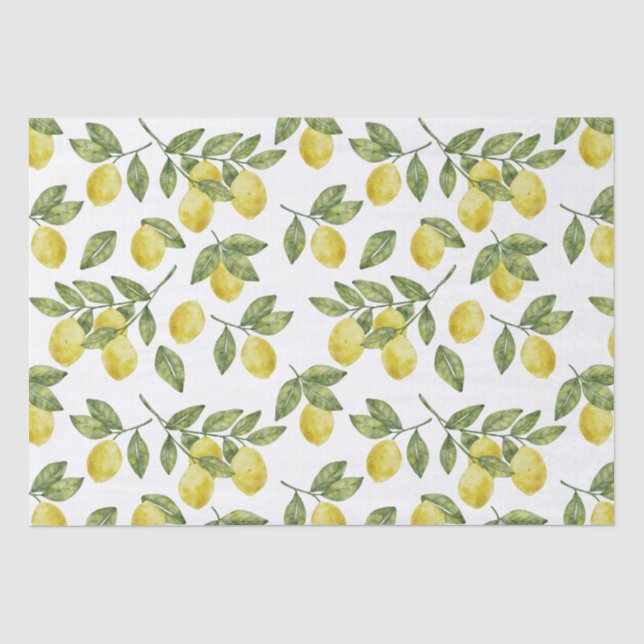 Papier Mousseline Jaune d'été citrons à l'aquarelle avec feuilles ve (Recto)
