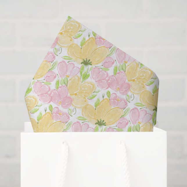 Papier Mousseline Jaune Floral Rose (Sac cadeau)