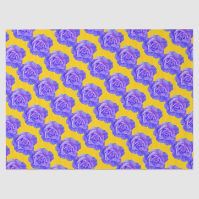 Papier Mousseline Jaune motifs floraux bleu marine Fleurs Roses (Recto)
