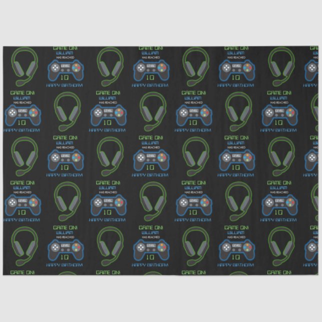 Papier Mousseline Jeu vidéo Neon Blue & Green Anniversaire Nom d'âge (Recto)