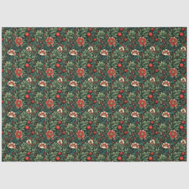 Papier Mousseline Joie Florale Française : Noël Rouge et Vert (Recto)