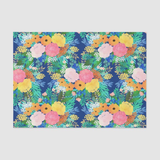 Papier Mousseline Joli bleu rose Fleurs Boho Design (Recto)