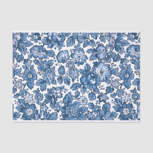 Papier Mousseline Joli Boho bleu et blanc floral (Recto)