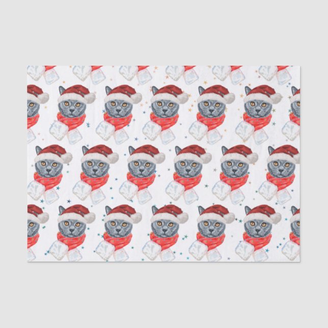 Papier Mousseline Joli Chat Gris Aquarelle avec Écharpe (Recto)