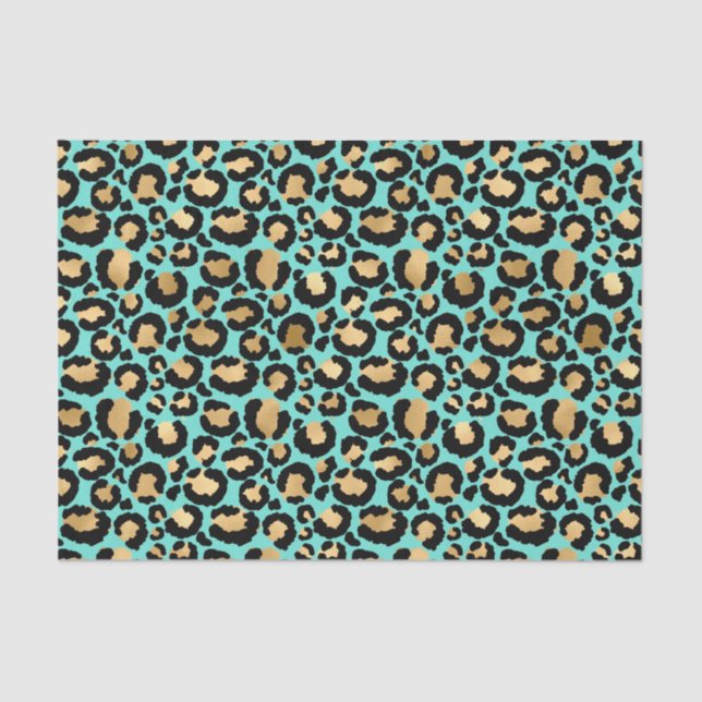 Papier Mousseline Joli Cheetah Imprimer Turquoise et noir d'or (Recto)