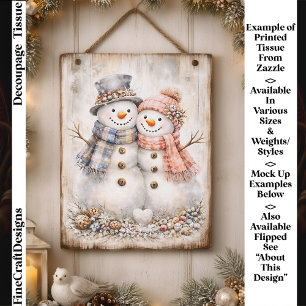 Papier Mousseline Joli Couple de Bonhommes de Neige Shabby Chic FG2R
