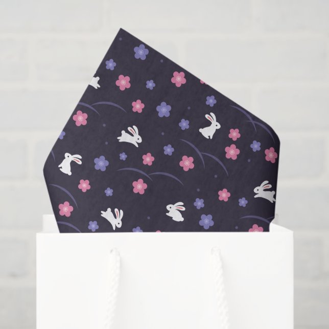 Papier Mousseline Joli lapin blanc lapin et Motif de fleurs (Sac cadeau)