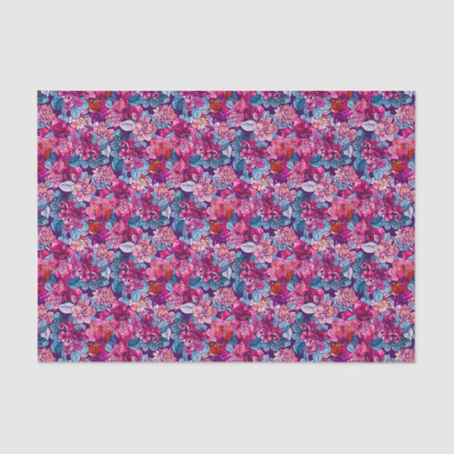 Papier Mousseline Joli motif floral rose bleu violet (Recto)