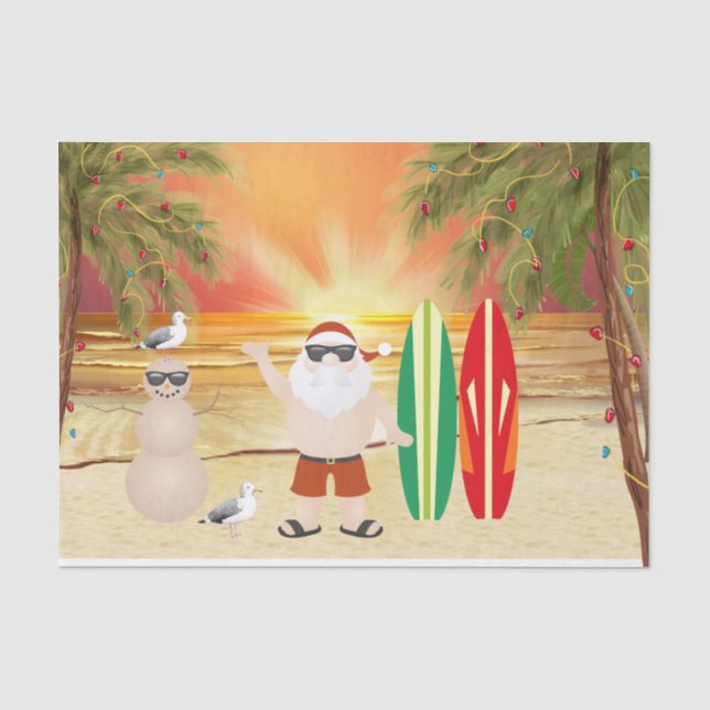 Papier Mousseline Joli Père Noël et Surfboards Plage Surf Noël (Recto)