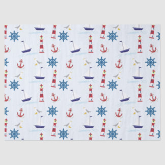 Papier Mousseline Joli phare nautique, bateau et mouette bleus