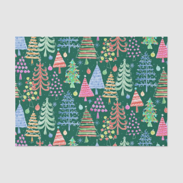 Papier Mousseline Joli sapin de Noël Motif vert rouge orange (Recto)