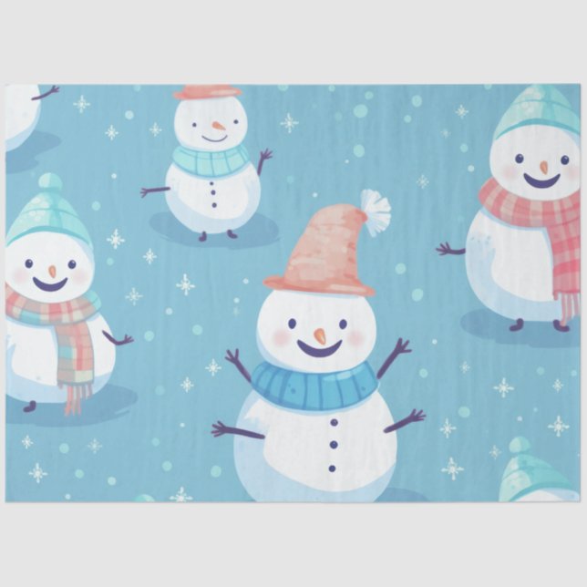 Papier Mousseline Joli Snowmen Snowflakes Ice Blue Noël (Recto)