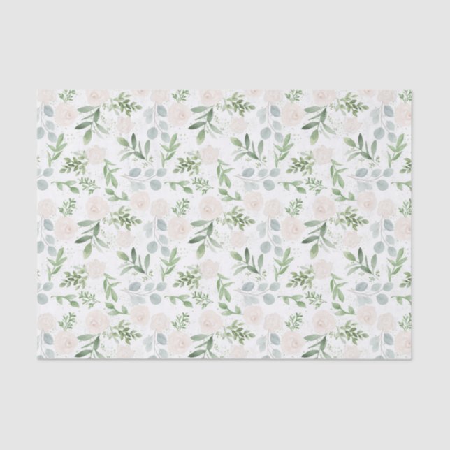 Papier Mousseline Jolie aquarelle Verdure & Fleurs blanches Motif (Recto)