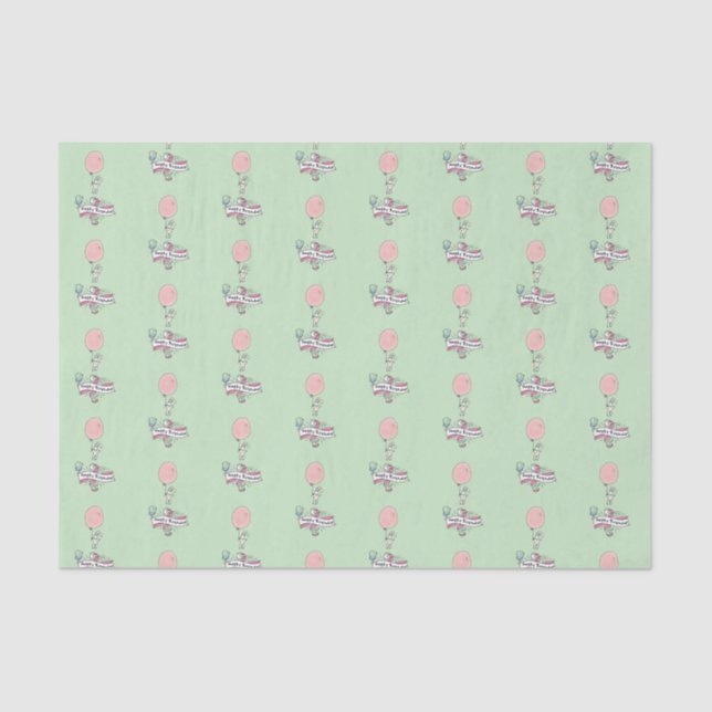 Papier Mousseline Jolie Bunny tenant un ballon Joyeux anniversaire (Recto)