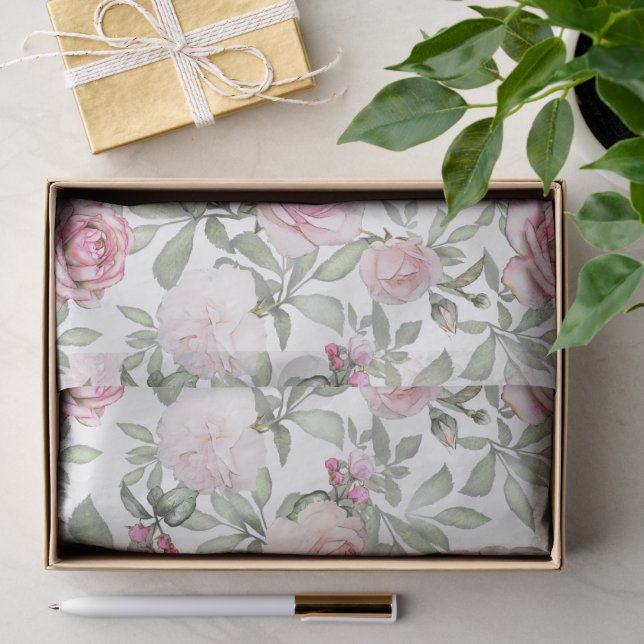 Papier Mousseline Jolie feminine Aquarelle Florale Roses Rose (Cadeau)