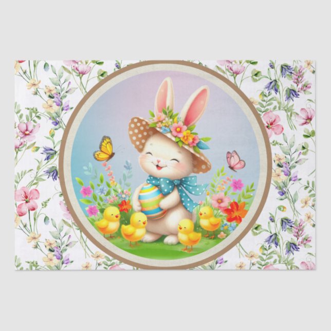 Papier Mousseline Jolie Lapin de Pâques et joyeux Fleurs de Printemp (Recto)