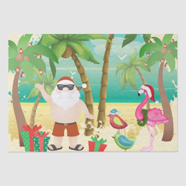 Papier Mousseline Jolie Père Noël et oiseaux tropicaux Noël de plage (Recto)