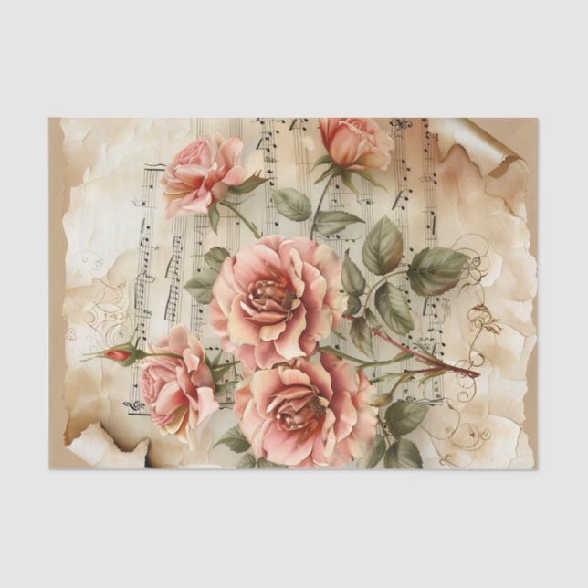 Papier Mousseline Jolie rose roses feuille de musique vintage éphémè (Recto)