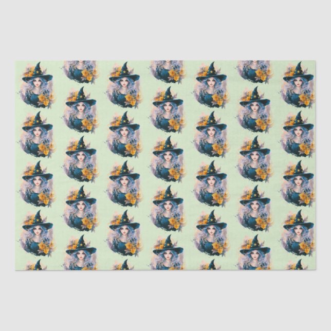 Papier Mousseline Jolie Sorcière noire Casquette étoiles Motif Hallo (Recto)