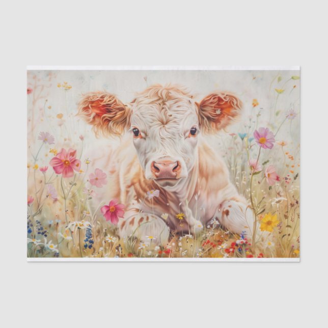Papier Mousseline Jolie vache des Highlands avec des fleurs sauvages (Recto)