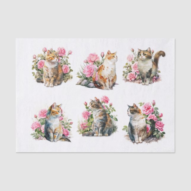 Papier Mousseline Jolies chats dans un lit de roses roses (Recto)