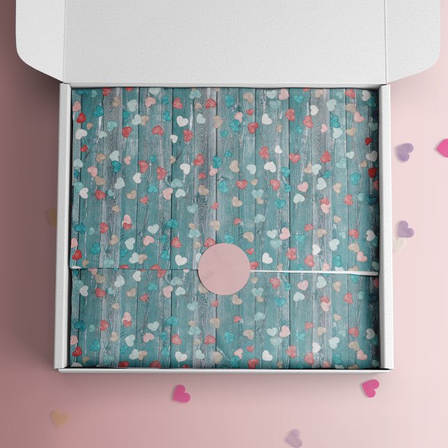 Papier Mousseline Jolies coeurs sur bois bleu rustique (Créateur téléchargé)