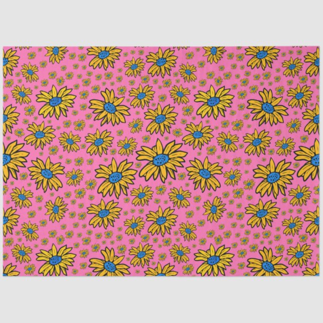 Papier Mousseline Jolies marguerites bleu jaune rose (Recto)