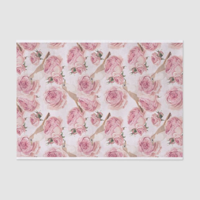 Papier Mousseline Jolies oiseaux perchés sur des roses roses Motifs (Recto)