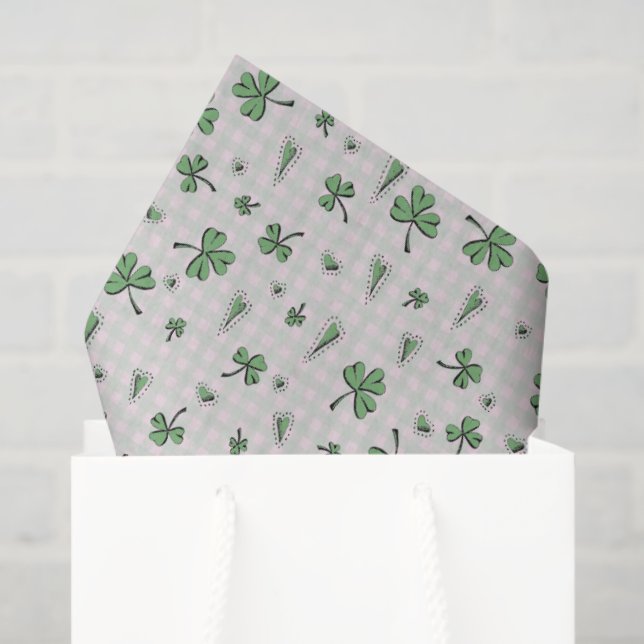 Papier Mousseline Jour de la Saint Patrick rose et vert En vichy (Sac cadeau)