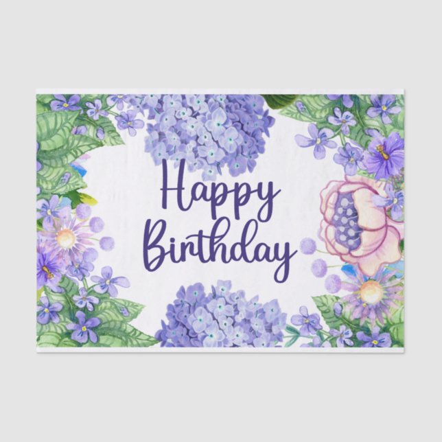 Papier Mousseline Joyeuse aquarelle d'anniversaire Fleurs violettes (Recto)