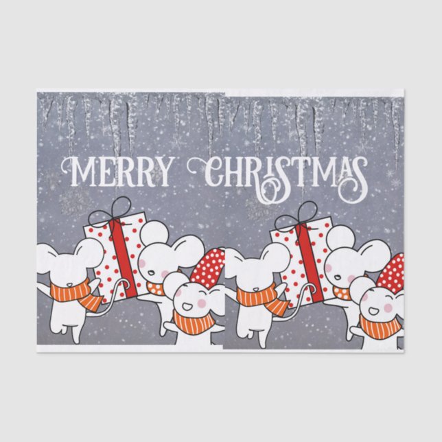 Papier Mousseline Joyeuses souris blanches prêtes pour Noël (Recto)