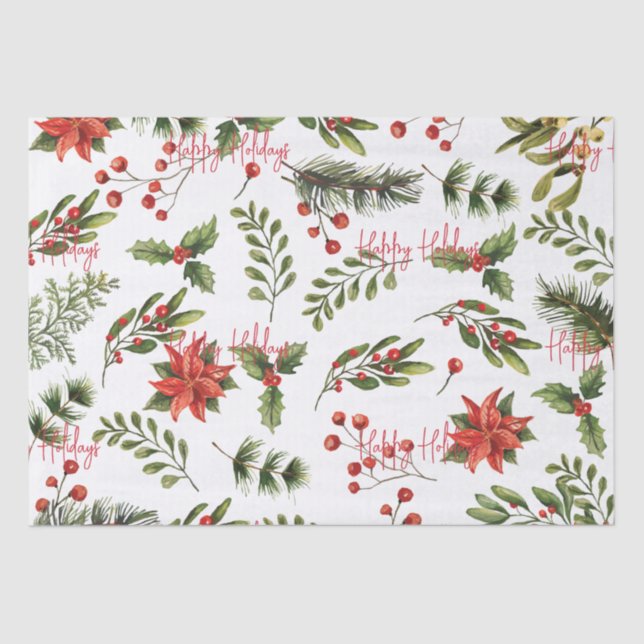 Papier Mousseline Joyeuses vacances Botanique Poinsettia Verdure (Recto)