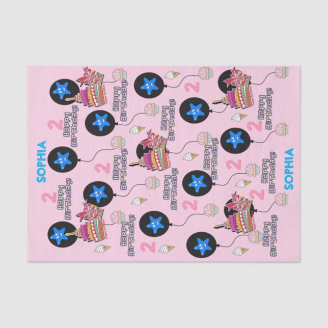 Papier Mousseline Joyeux 2e anniversaire Tissue Paper #2 Rose (Recto)