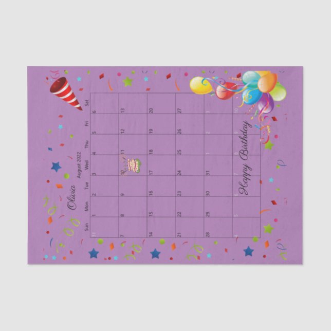 Papier Mousseline Joyeux anniversaire août 2022 Tissue Paper (Recto)