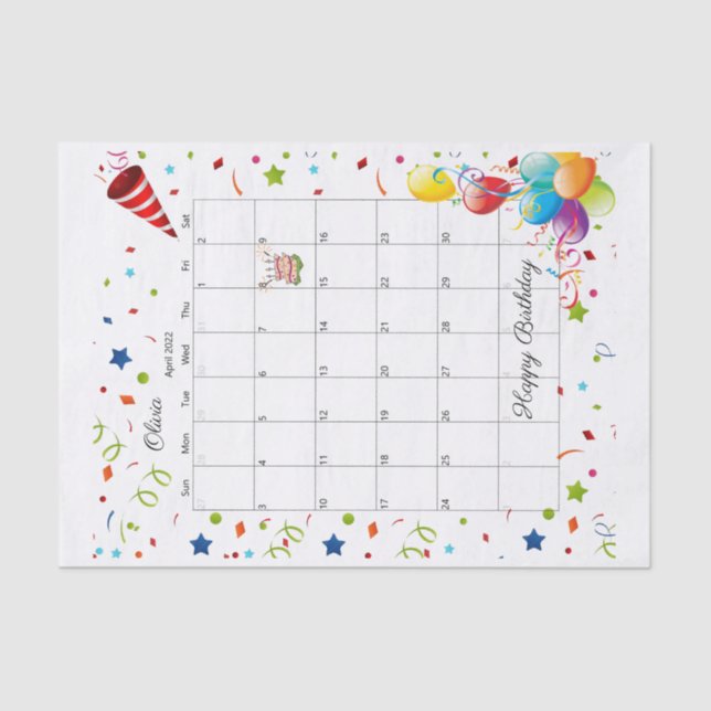 Papier Mousseline Joyeux anniversaire avril 2022 Tissue Paper (Recto)