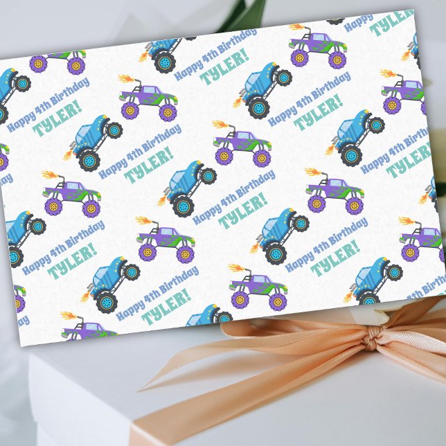 Papier Mousseline Joyeux Anniversaire, Camions Monster, do-it-yourse (Créateur téléchargé)