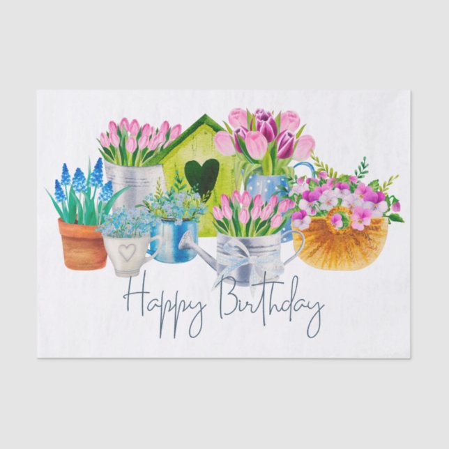 Papier Mousseline Joyeux Anniversaire Fleurs de Jardin - Tulipes (Recto)