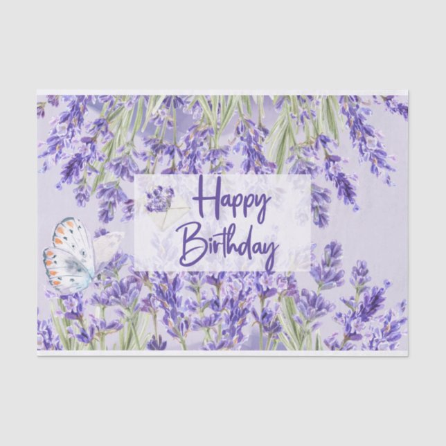 Papier Mousseline Joyeux Anniversaire Fleurs de Lavande Violette (Recto)